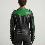 Women's Handmade Punk Studded Real Cowhide Leather Motorbike Jacket