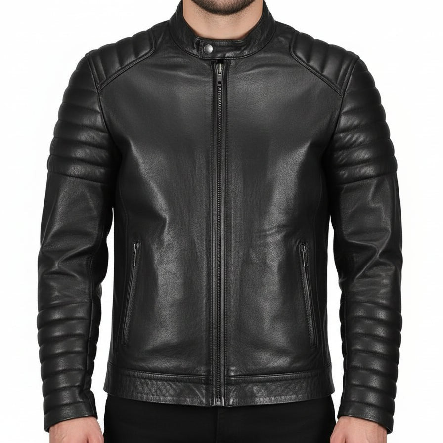 Handmade Men Black Biker Leather Jacket Men Black Slim Fit Motorcycle Leather Jacket