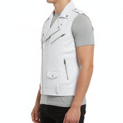Handmade Mens White Color Leather Vest, Men Sleeve Less Leather Jacket