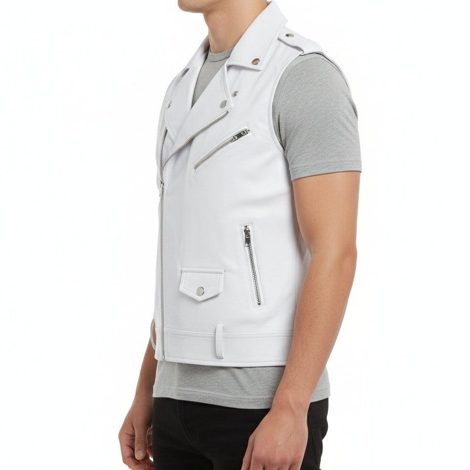 Handmade Mens White Color Leather Vest, Men Sleeve Less Leather Jacket