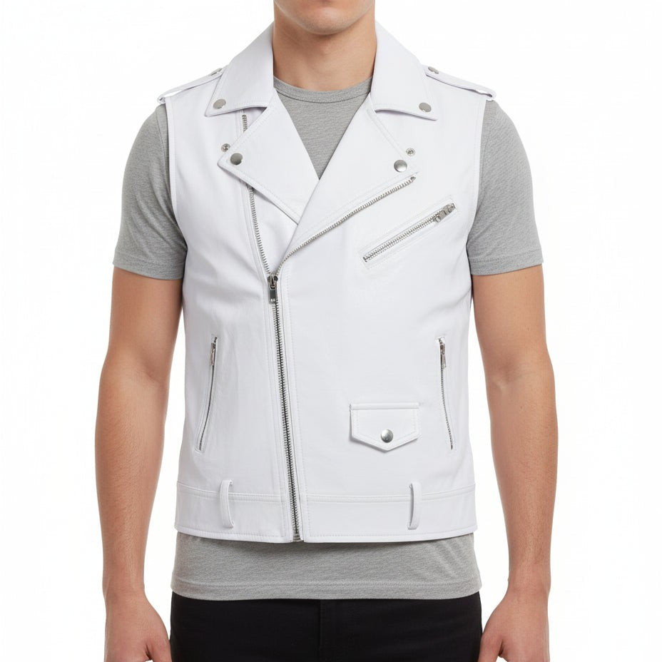 Handmade Mens White Color Leather Vest, Men Sleeve Less Leather Jacket