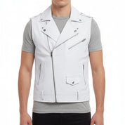 Handmade Mens White Color Leather Vest, Men Sleeve Less Leather Jacket