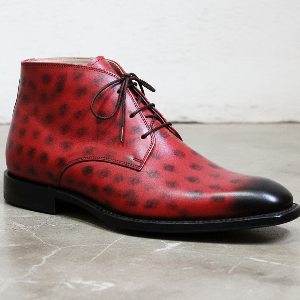 Handmade Men’s Red Leather Chukka Ankle Boots, Casual Style