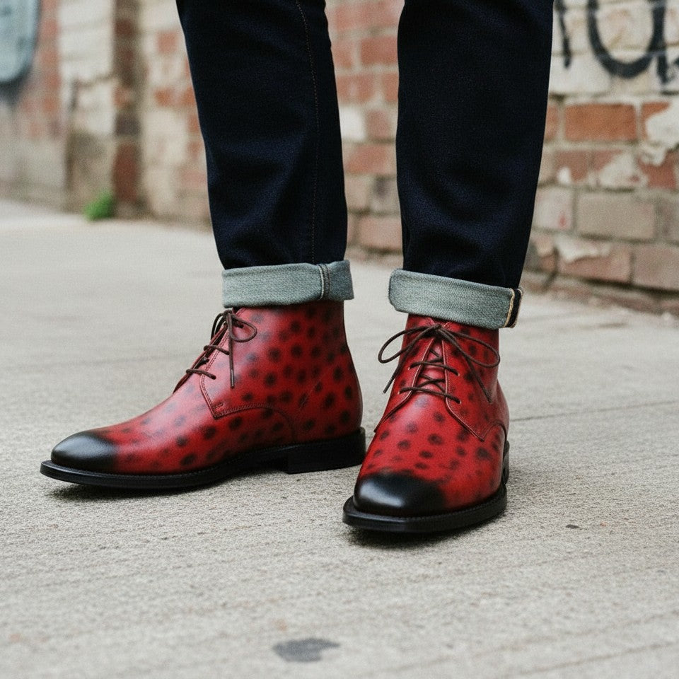 Handmade Men’s Red Leather Chukka Ankle Boots, Casual Style