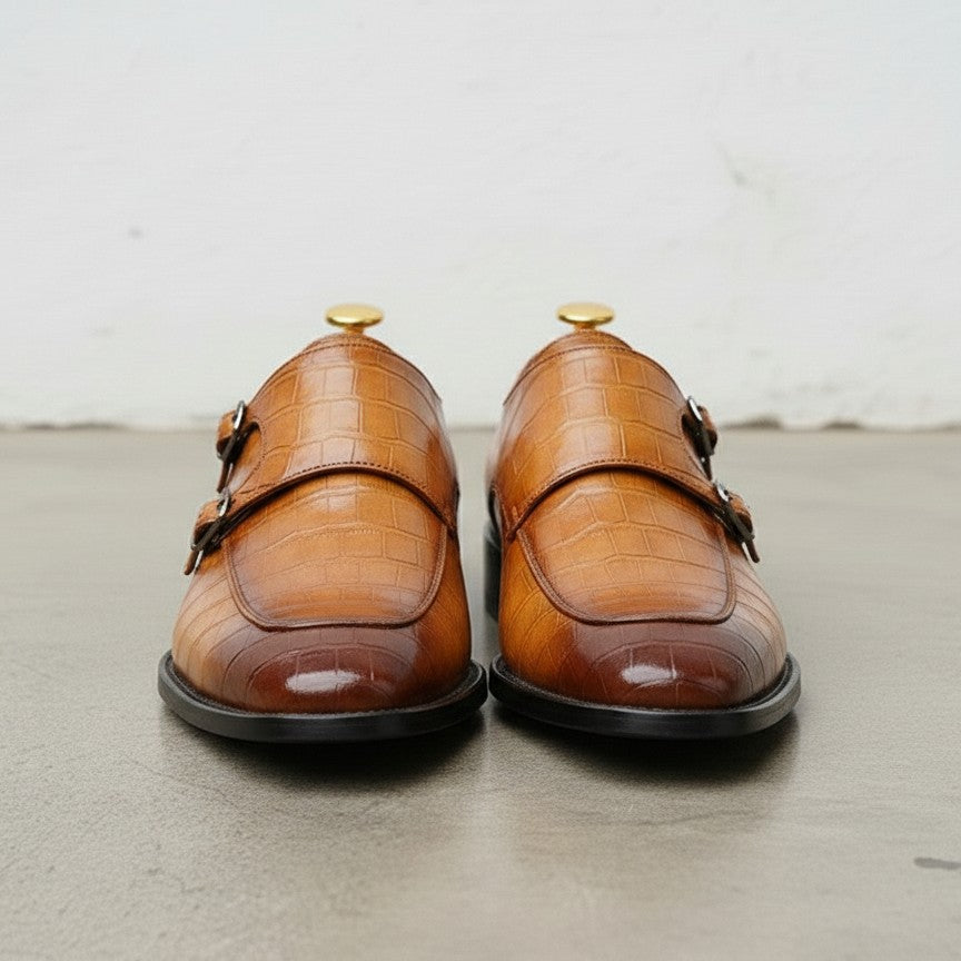 Handmade Men’s Leather Alligator Double Monk Dress Shoes