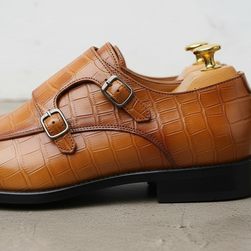 Handmade Men’s Leather Alligator Double Monk Dress Shoes