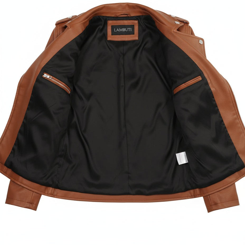 Women’s Brown Leather Biker Jacket, Handmade Moto Style