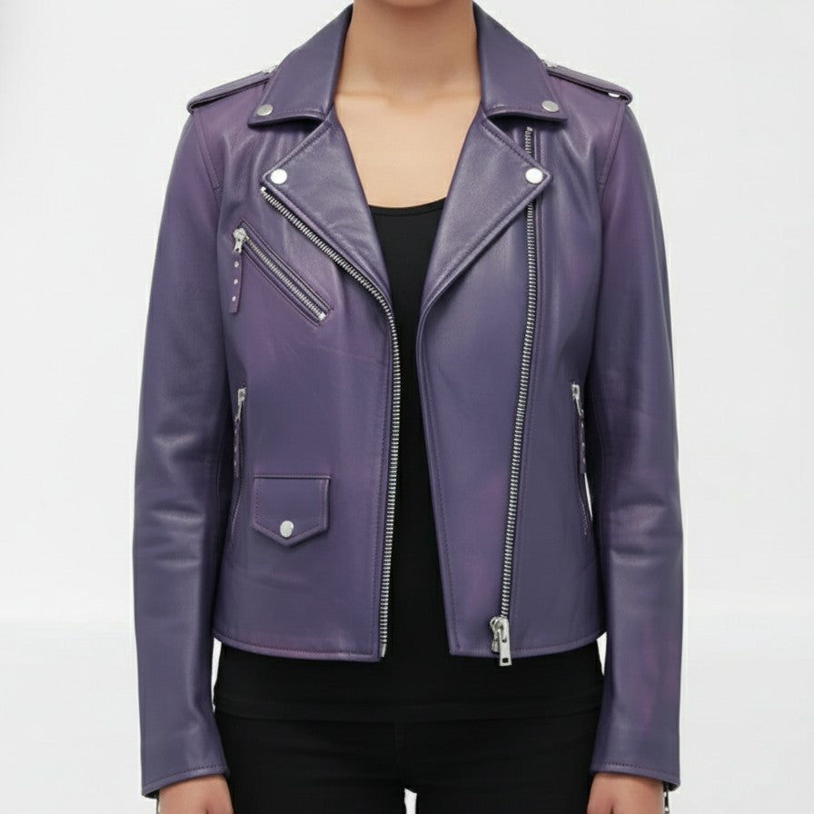 Handmade Women Purple Leather Fashion Jacket, Purple Leather Biker Jacket