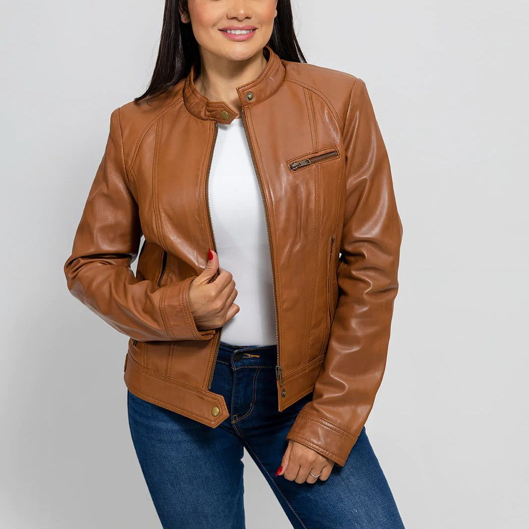Women's Whiskey Fashion Leather Jacket, Women's Classic Streetwear Genuine Leather Jacket