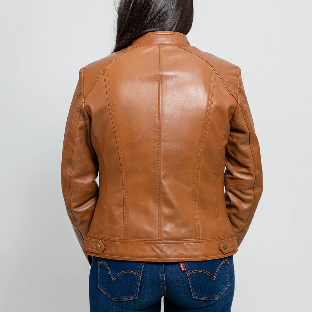 Women's Whiskey Fashion Leather Jacket, Women's Classic Streetwear Genuine Leather Jacket