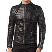 Handmade Men Black Crocodile Embossed Pattern Leather Jacket , Men Leather Jacket