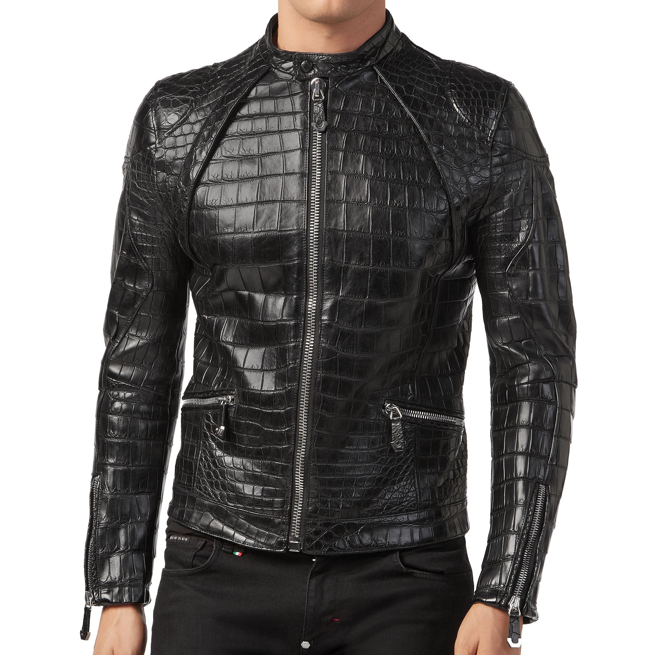 Handmade Men Black Crocodile Embossed Pattern Leather Jacket , Men Leather Jacket