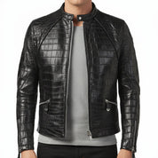 Handmade Men Black Crocodile Embossed Pattern Leather Jacket , Men Leather Jacket