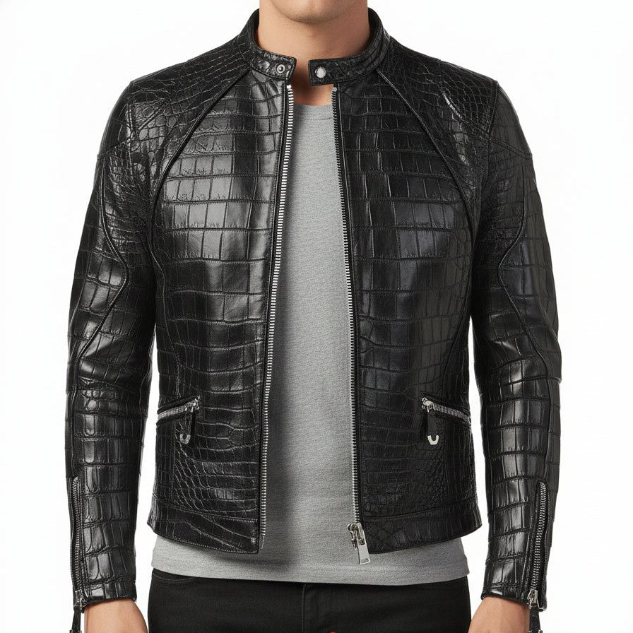 Handmade Men Black Crocodile Embossed Pattern Leather Jacket , Men Leather Jacket