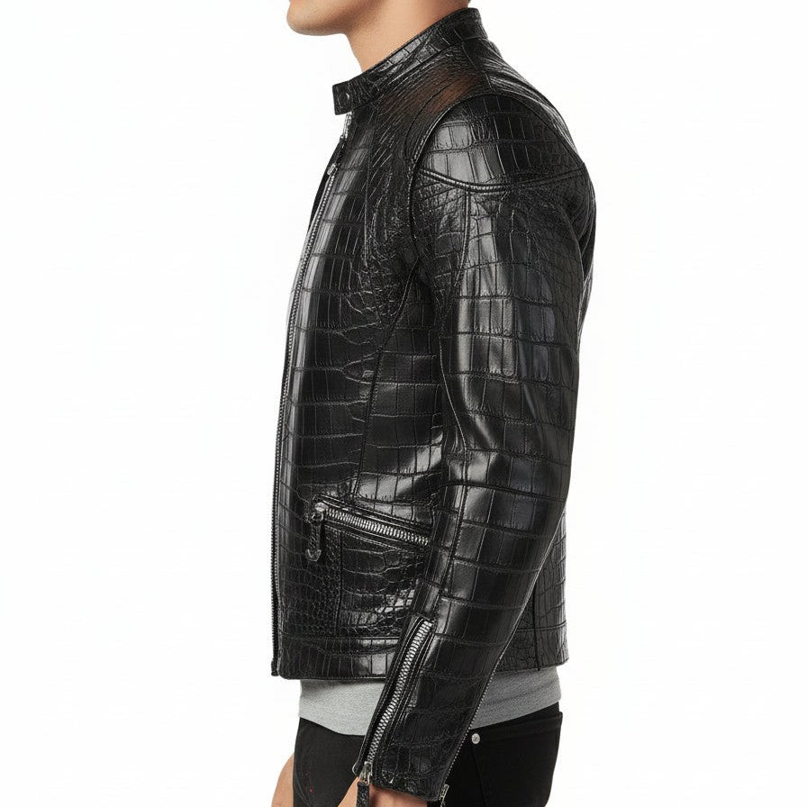 Handmade Men Black Crocodile Embossed Pattern Leather Jacket , Men Leather Jacket