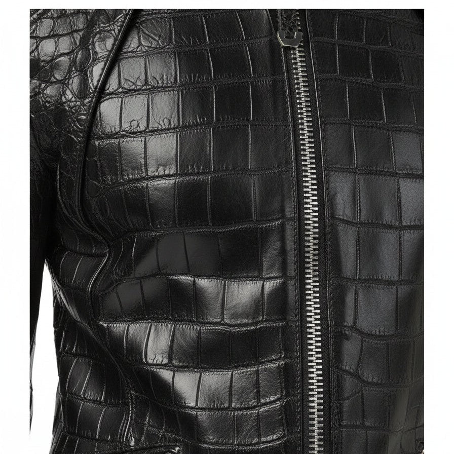 Handmade Men Black Crocodile Embossed Pattern Leather Jacket , Men Leather Jacket