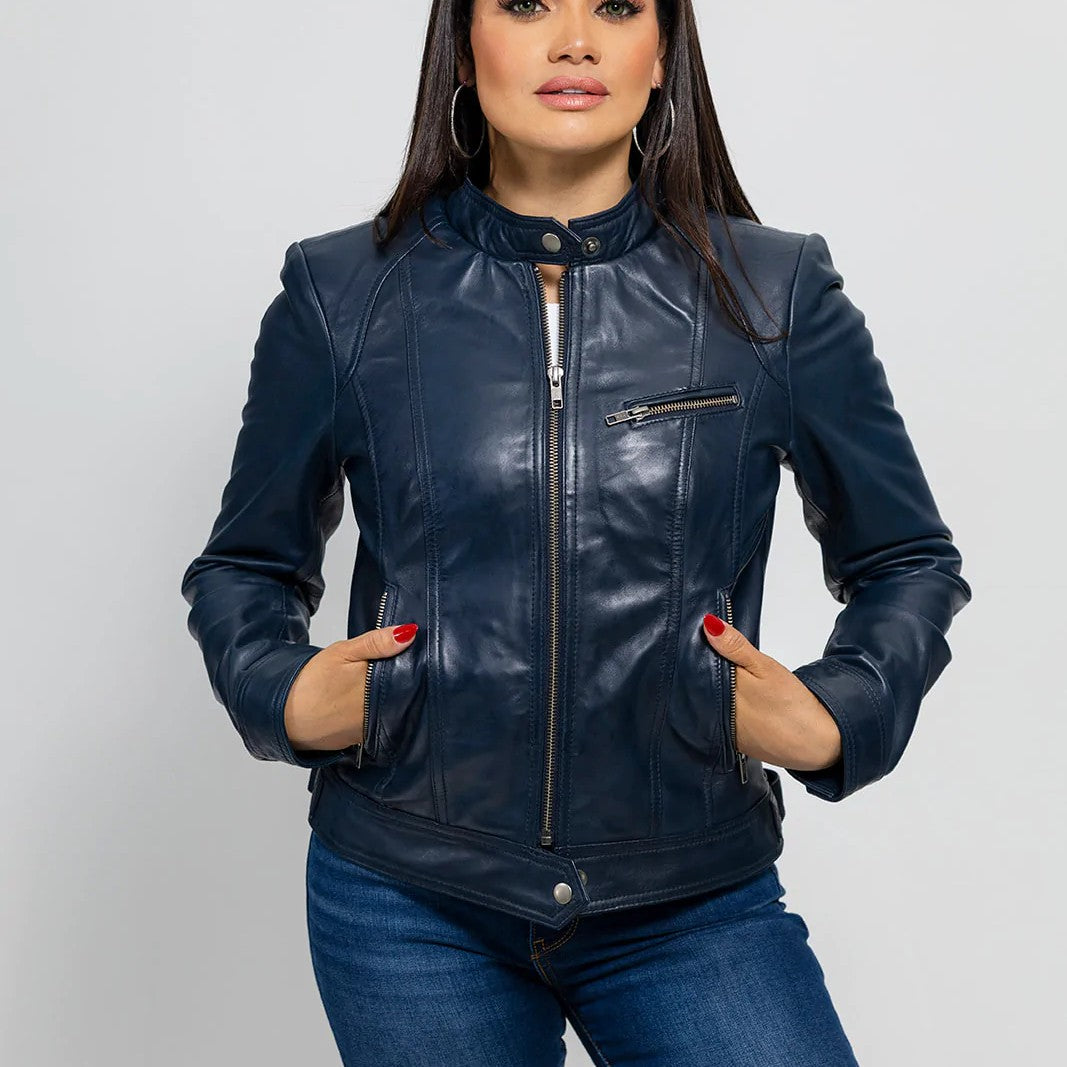 Women's Blue Genuine Leather Jacket, Women's Streetwear Genuine Leather Jacket