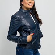 Women's Blue Genuine Leather Jacket, Women's Streetwear Genuine Leather Jacket