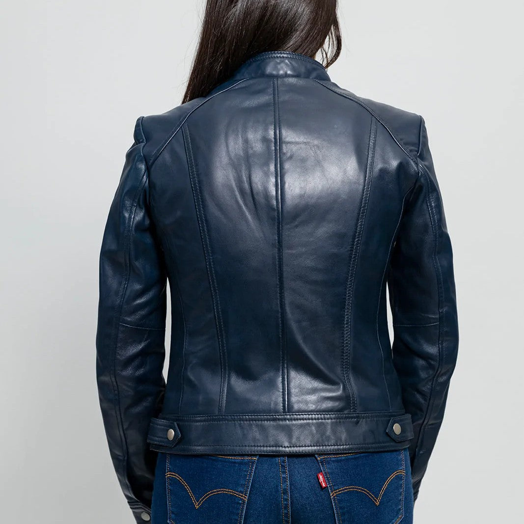 Women's Blue Genuine Leather Jacket, Women's Streetwear Genuine Leather Jacket