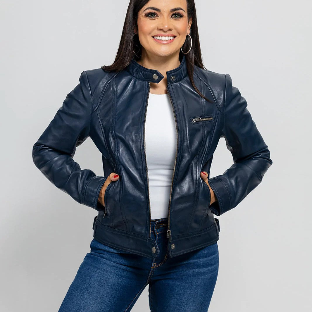 Women's Blue Genuine Leather Jacket, Women's Streetwear Genuine Leather Jacket