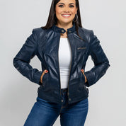 Women's Blue Genuine Leather Jacket, Women's Streetwear Genuine Leather Jacket
