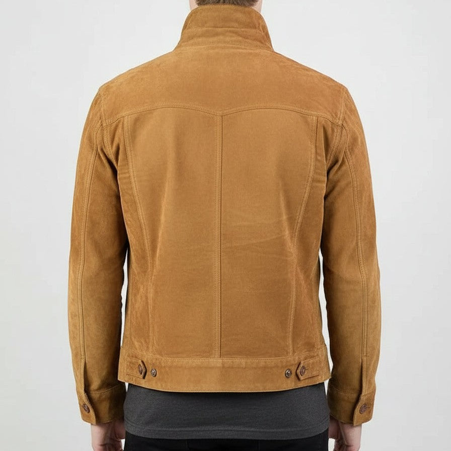 Men's Handmade Tan Brown Suede Trucker Jacket