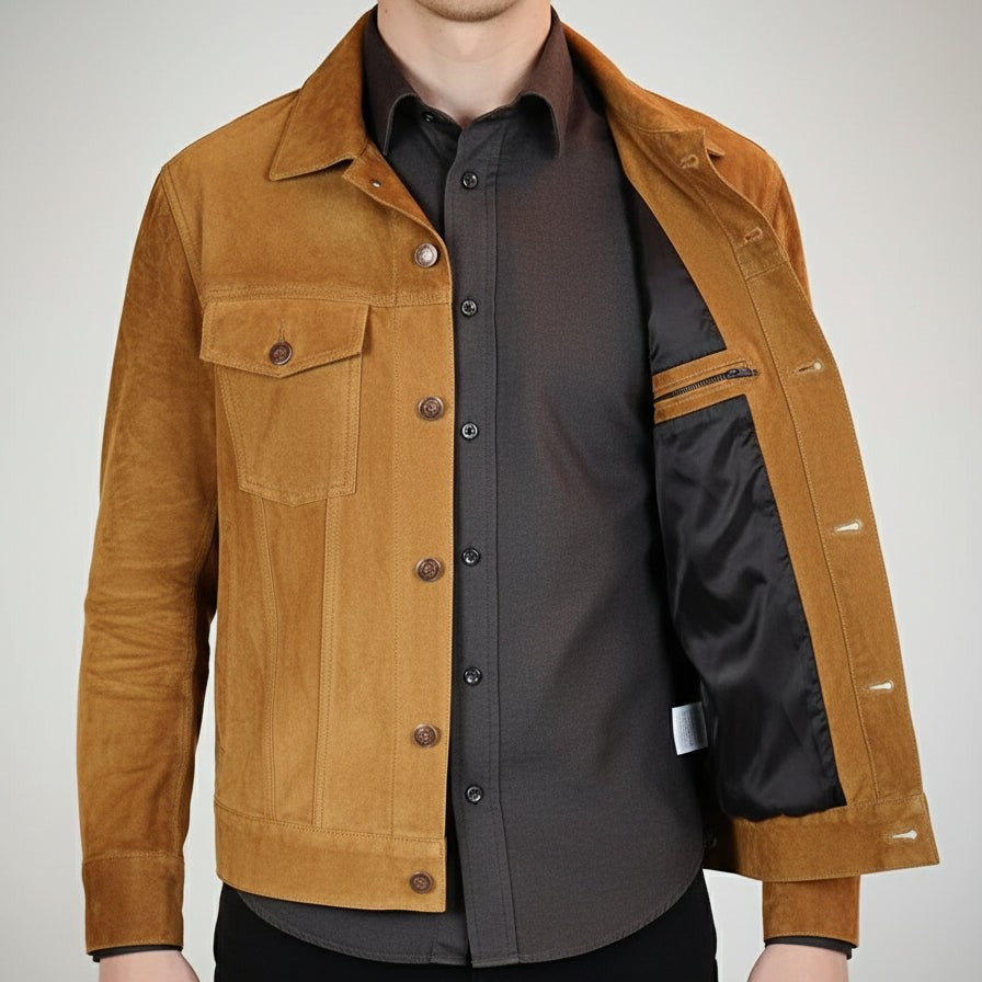 Men's Handmade Tan Brown Suede Trucker Jacket