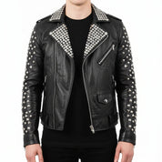 Handmade Mens Brando Biker Rock Punk Studded Black Motorcycle Cowhide Leather Jacket