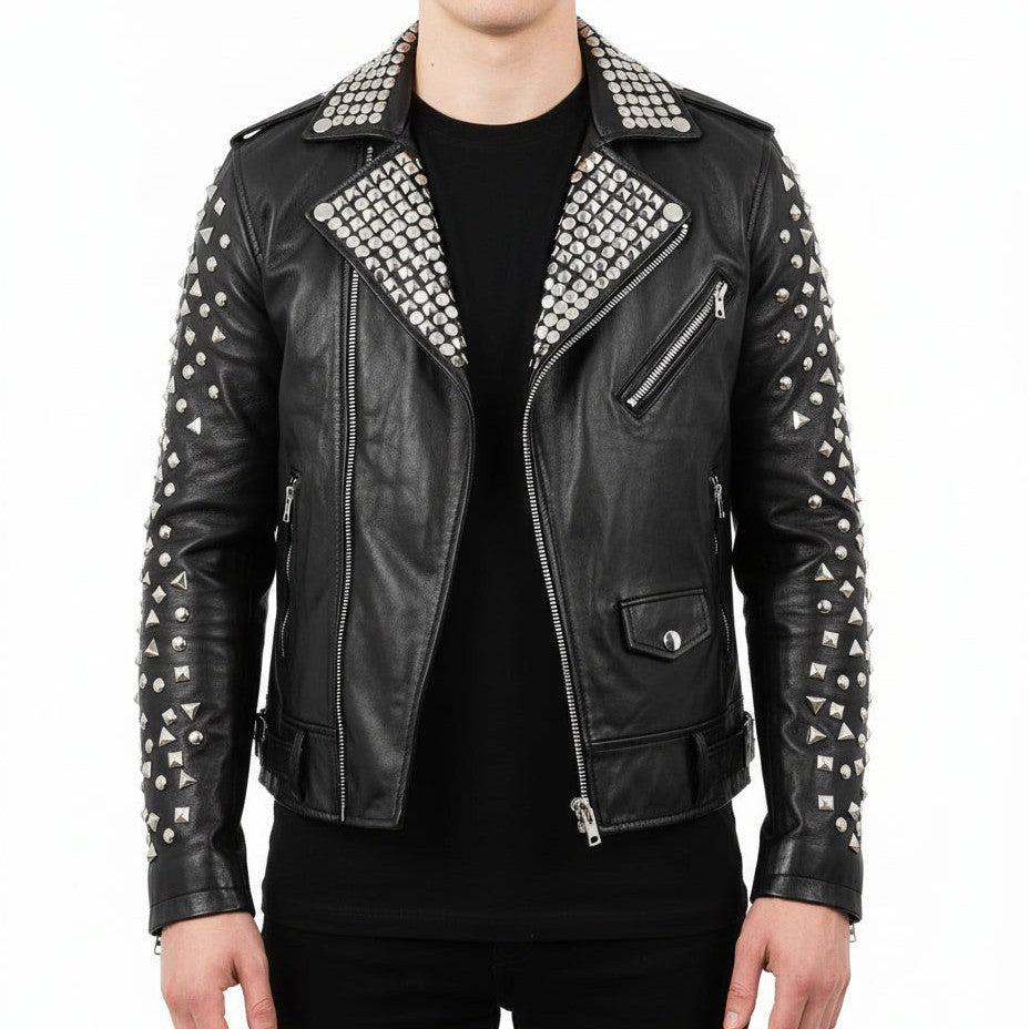 Handmade Mens Brando Biker Rock Punk Studded Black Motorcycle Cowhide Leather Jacket