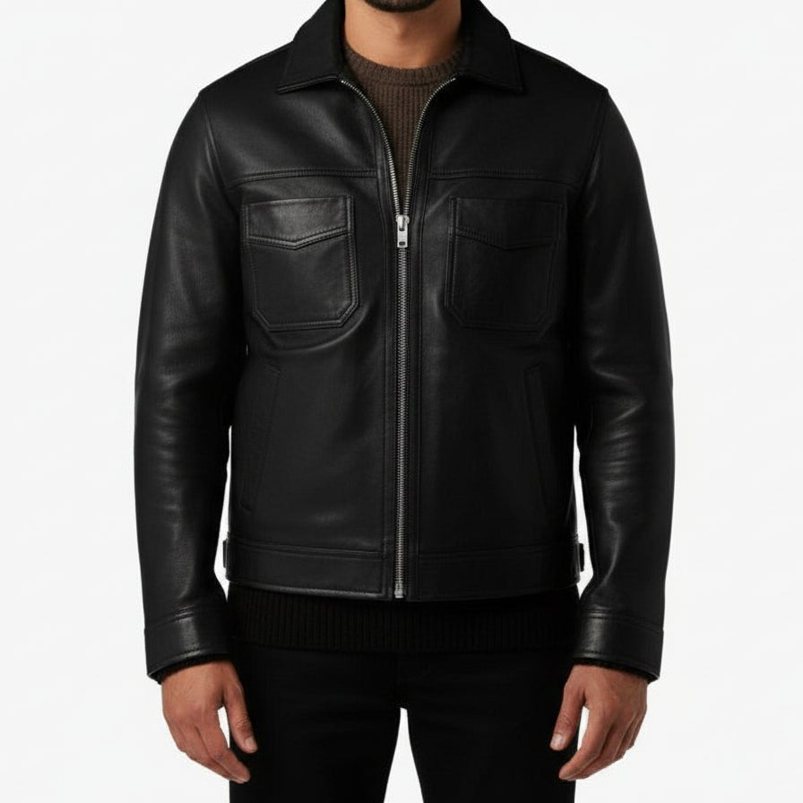 Handmade Men Black Sheep Leather Jacket, Men Motorcycle Jacket, Biker Jacket for Men