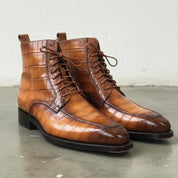 Handmade Men's Tan Brown Crocodile Leather Lace-up  Ankle Boots