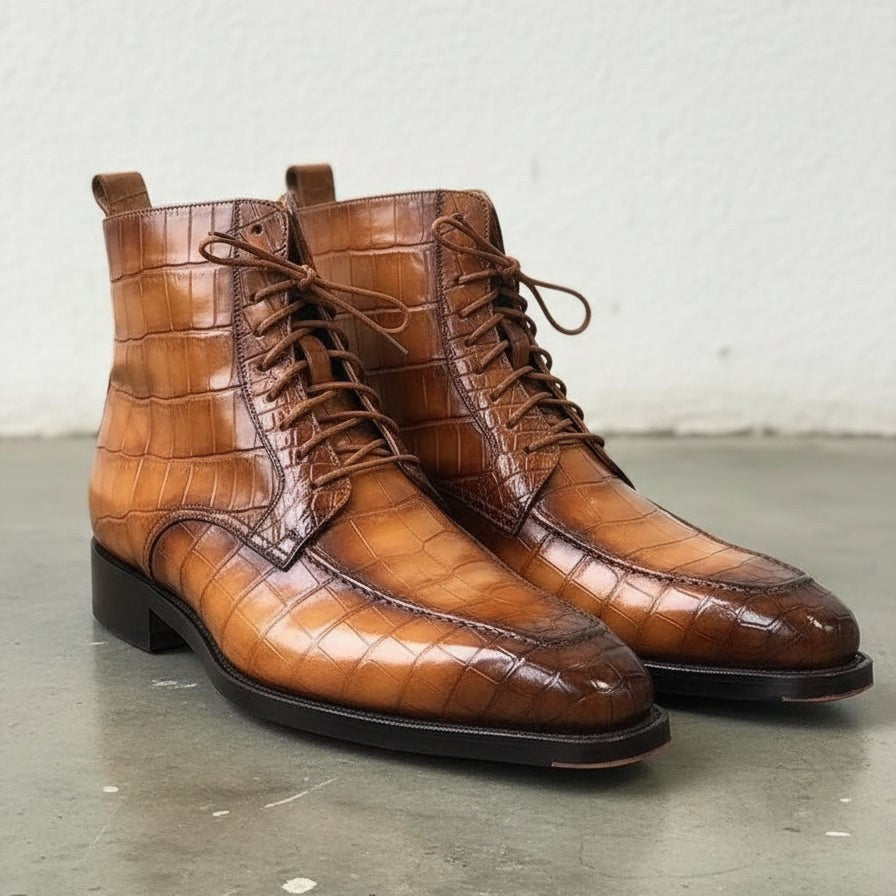 Handmade Men's Tan Brown Crocodile Leather Lace-up  Ankle Boots