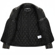 Men's Black Diamond Studded Brando Lapel Collar Leather Motorcycle Jacket
