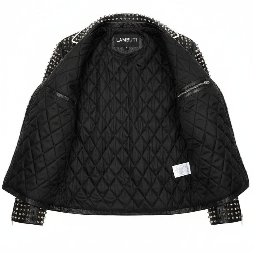 Men's Black Diamond Studded Brando Lapel Collar Leather Motorcycle Jacket