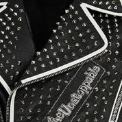 Men's Black Diamond Studded Brando Lapel Collar Leather Motorcycle Jacket