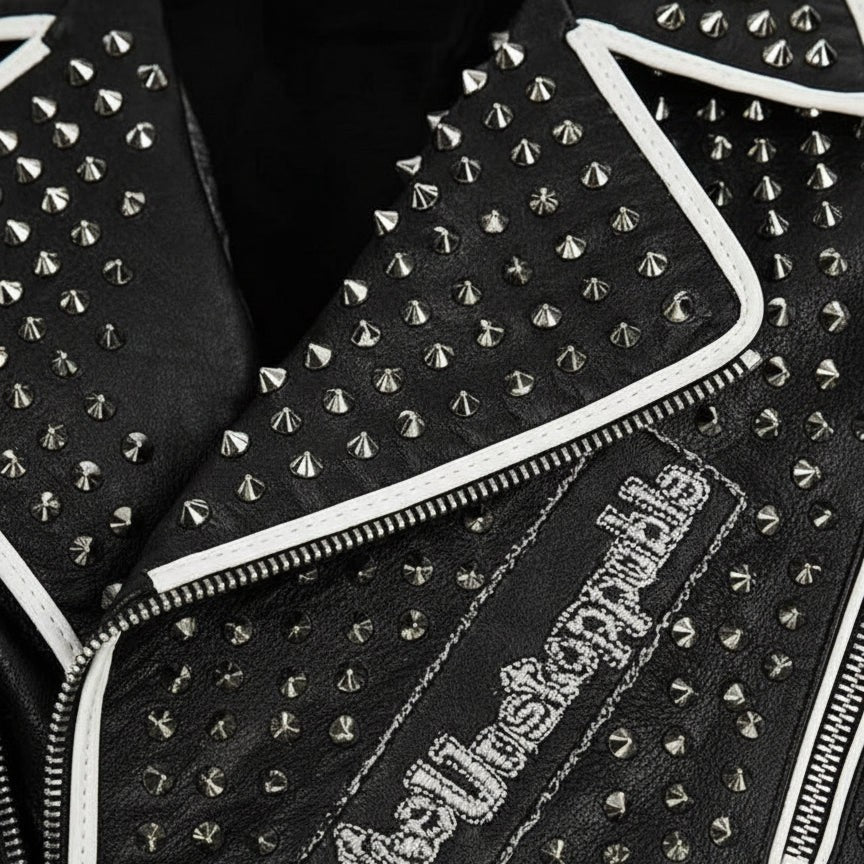 Men's Black Diamond Studded Brando Lapel Collar Leather Motorcycle Jacket