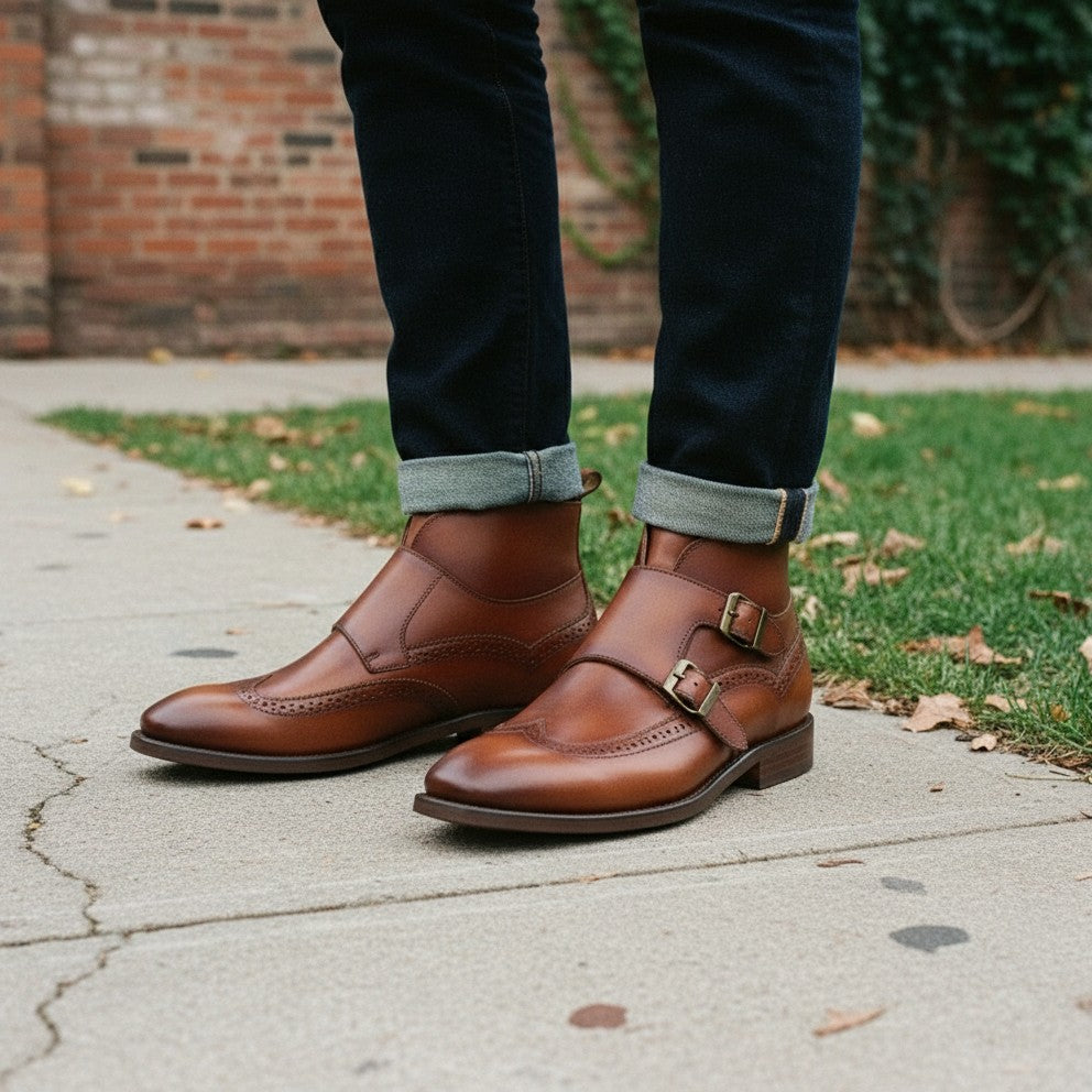 Handmade Men's Wing Tip Brogue Double Monk Chukka Boots