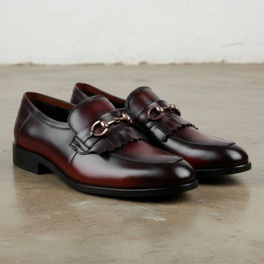 Men's Burgundy Fringe Handmade Leather Penny Loafers