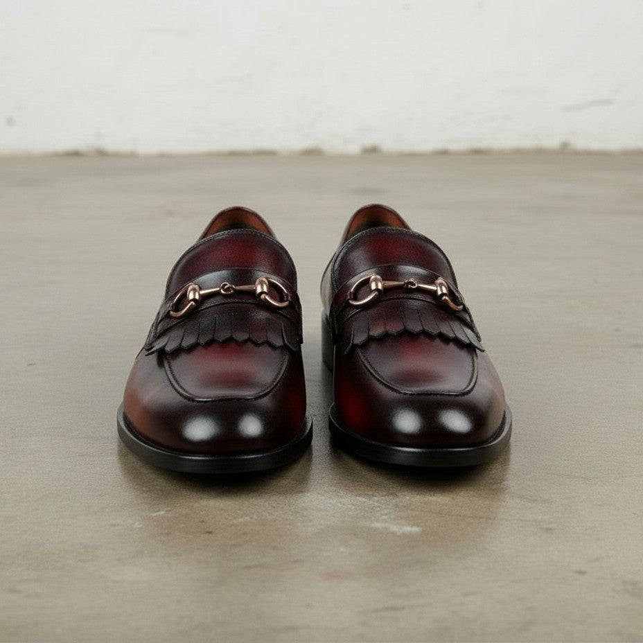 Men's Burgundy Fringe Handmade Leather Penny Loafers