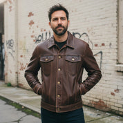 Men's Brown Vintage Slim Fit Trucker Racer  Leather Jacket