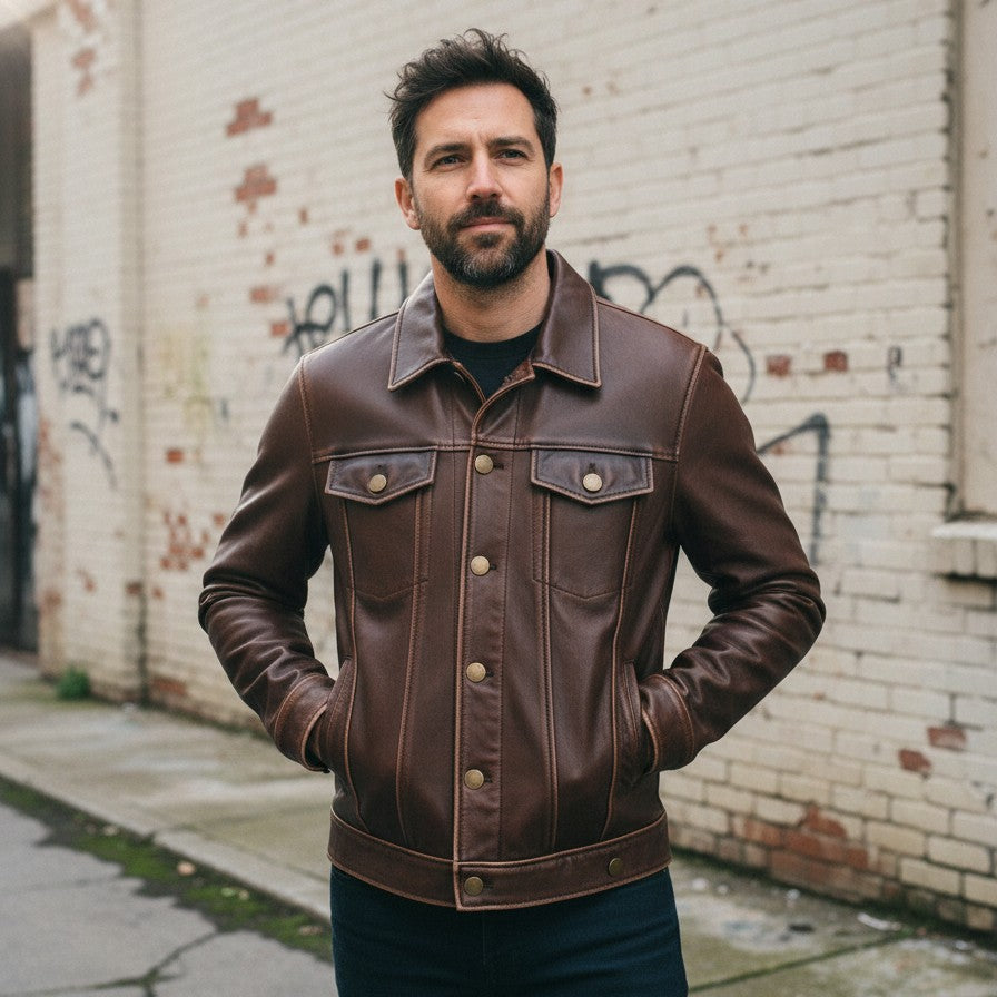 Men's Brown Vintage Slim Fit Trucker Racer  Leather Jacket