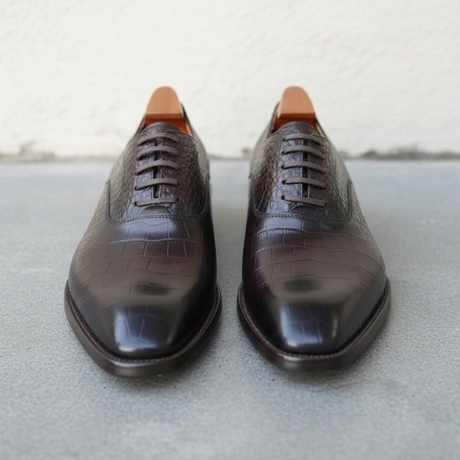 Handmade Men's Brown Crocodile Texture Oxford Shoes