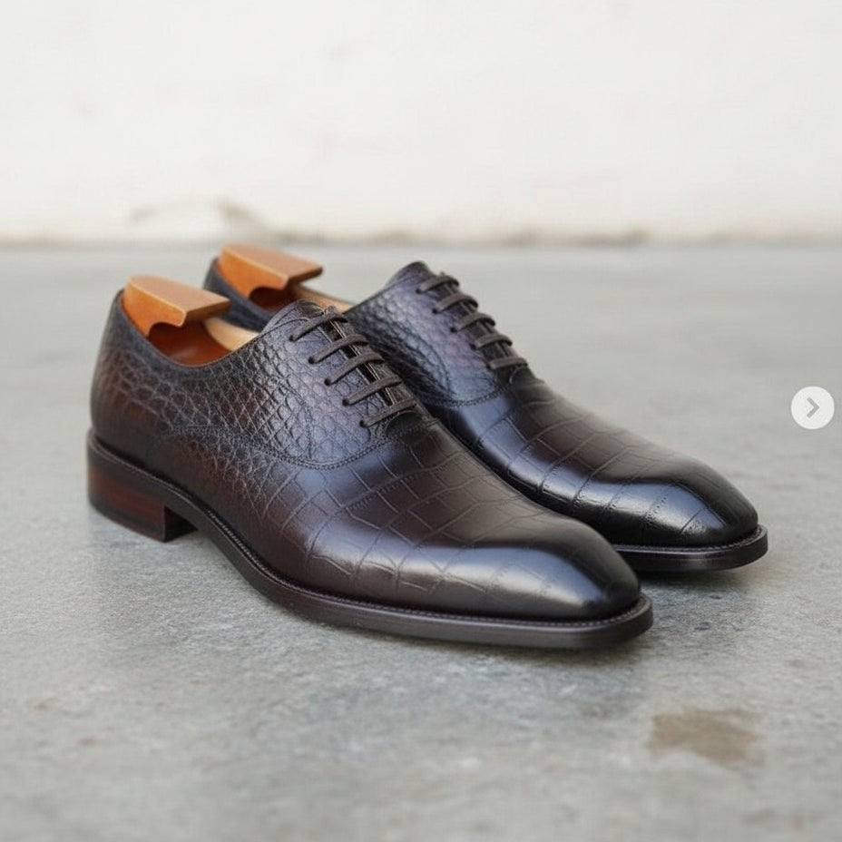 Handmade Men's Brown Crocodile Texture Oxford Shoes