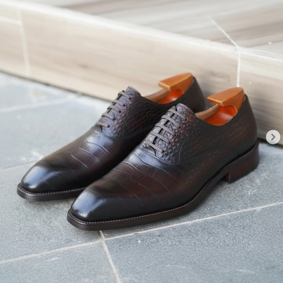 Handmade Men's Brown Crocodile Texture Oxford Shoes