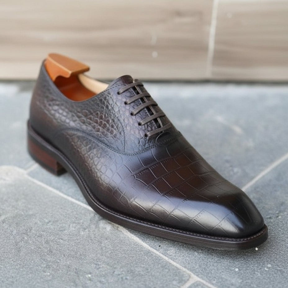 Handmade Men's Brown Crocodile Texture Oxford Shoes