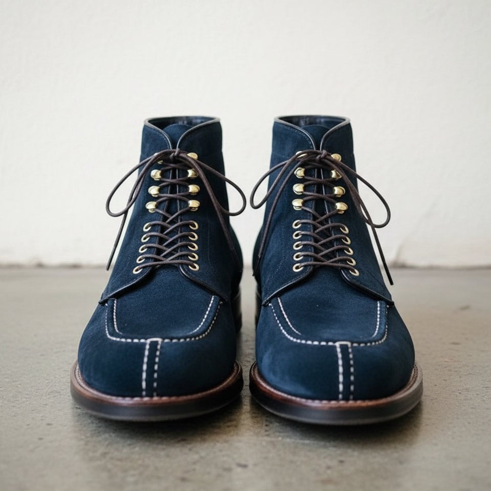 Handcrafted Men's Navy Blue Suede Lace-Up Ankle Boots