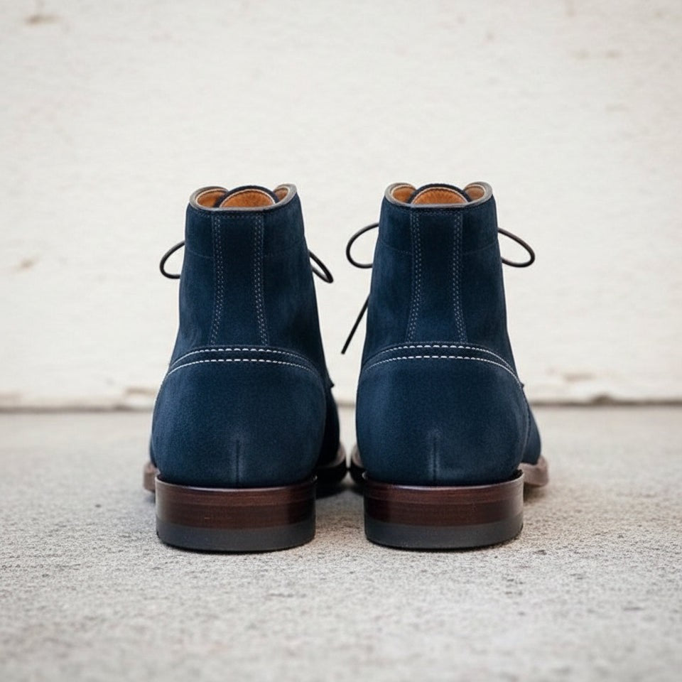 Handcrafted Navy Blue Suede Lace-Up Ankle Boots