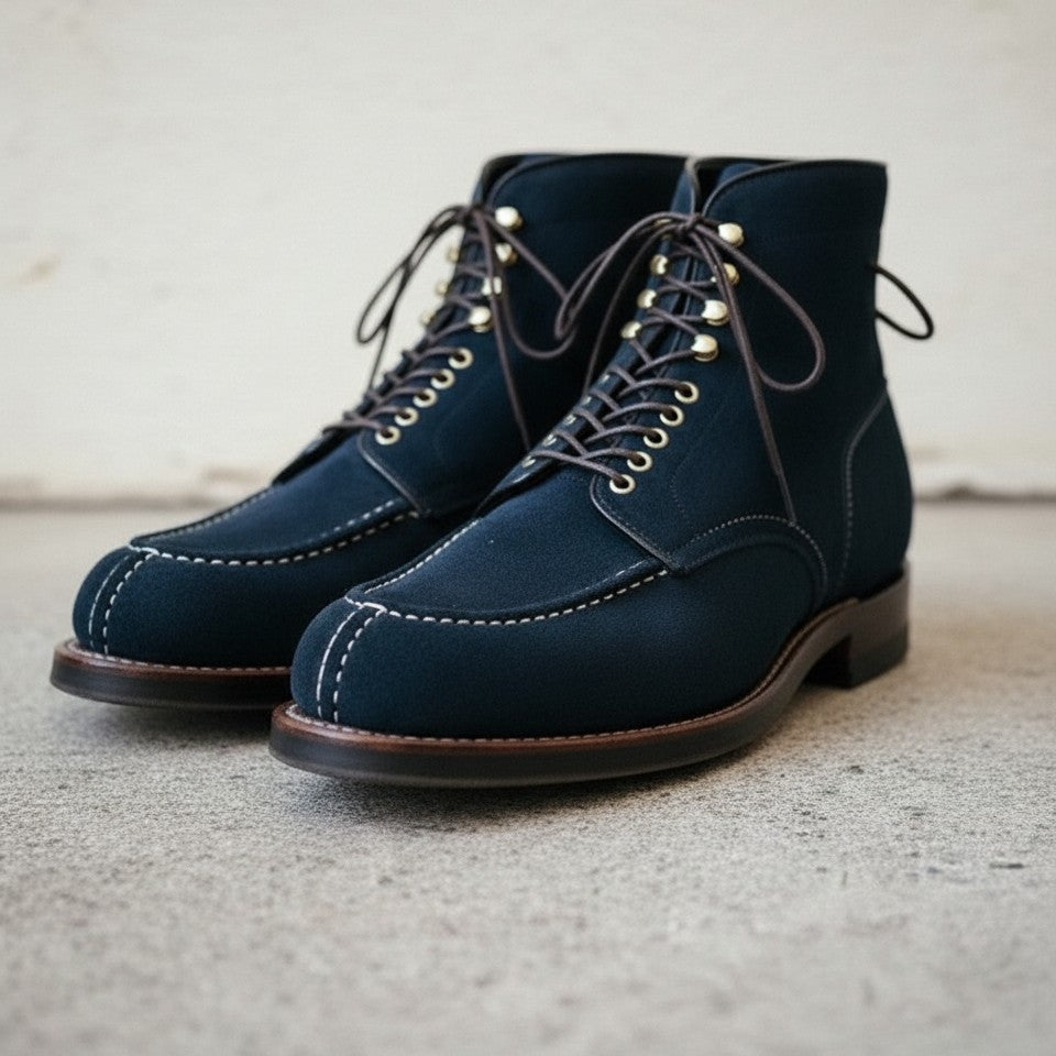 Handcrafted Men's Navy Blue Suede Lace-Up Ankle Boots