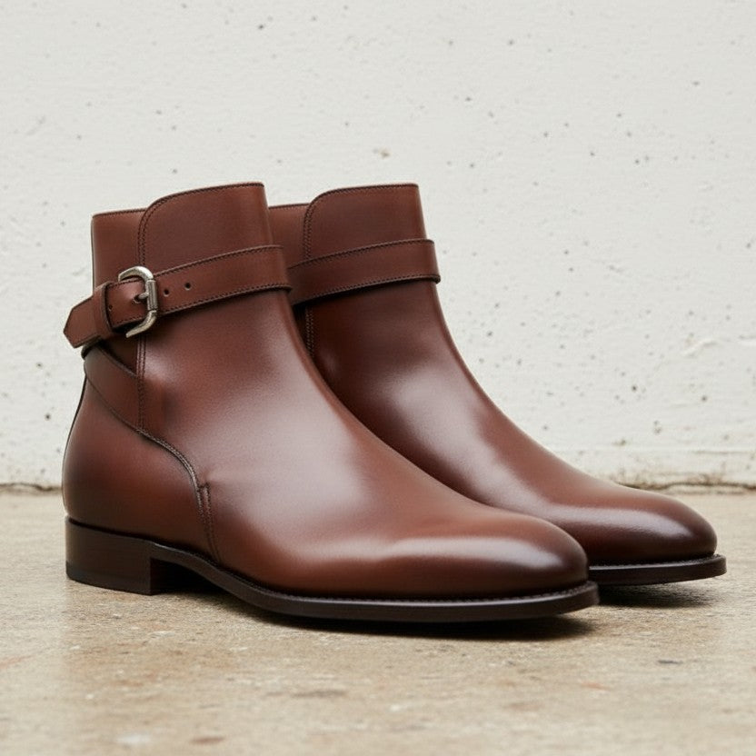 Men's Handmade Brown Leather Monk Strap Ankle Boots