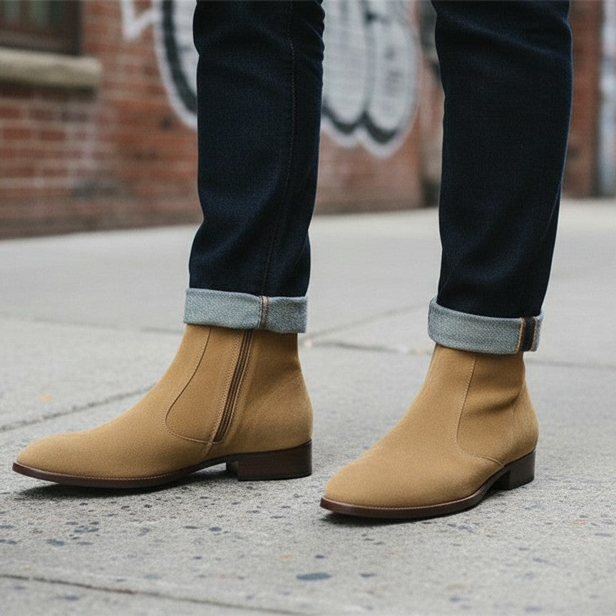 Men's Tan Suede Side Zipper Ankle Boots